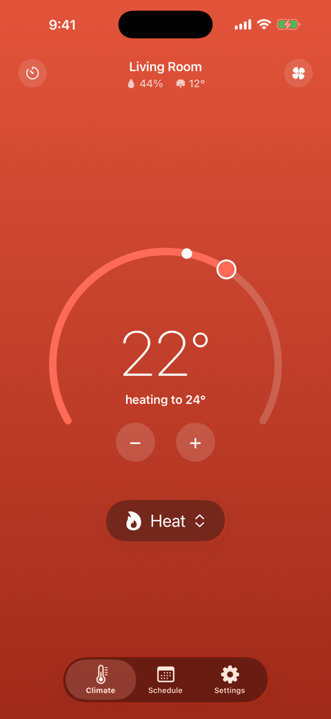 The Thermo climate screen — an arc gauge heating to 22 degrees